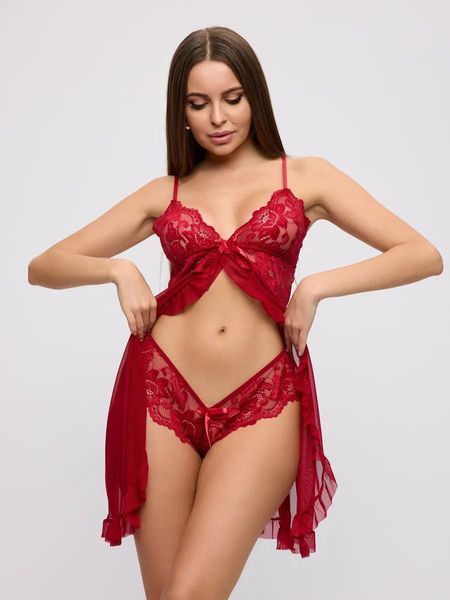 Дамски пеньоар халат с дантела с бикини в червено S Rosa-3000 снимка