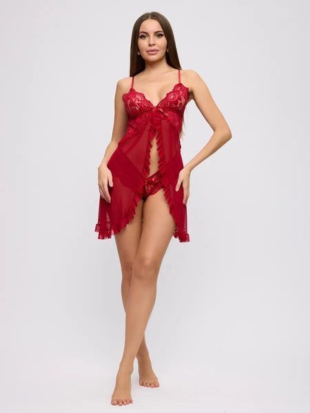 Дамски пеньоар халат с дантела с бикини в червено S Rosa-3000 снимка