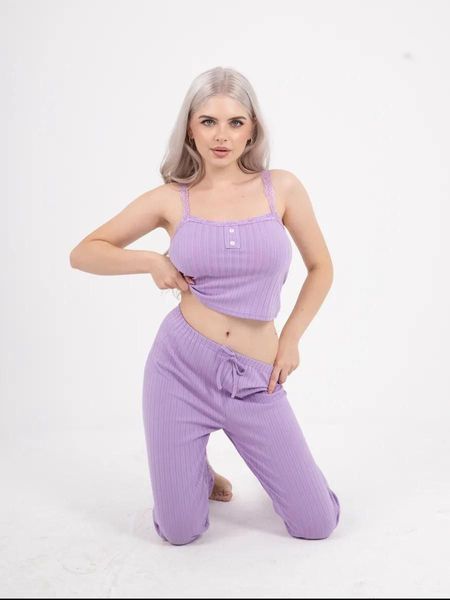 Дамска пижама Julia бюстие и дълъг панталон с дантела, люляк, S Julia-3001 снимка