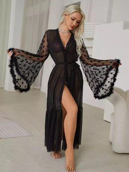 Дамска еротична дълга роба Valentino с обемни ръкави във формата на сърце, черна, размер L Valentino-1008 снимка